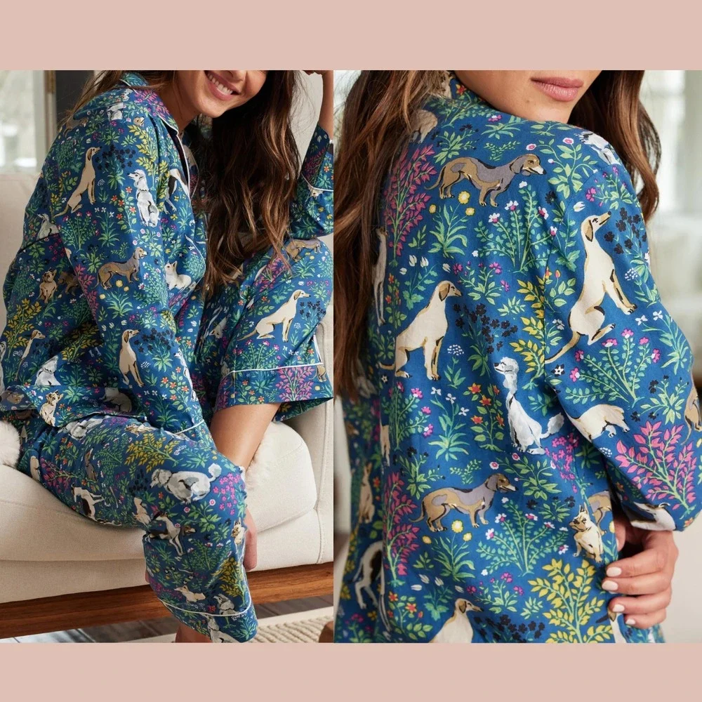NWT $168 Printfresh [ Large ]‎ 100% Organic Cotton Long PJ Set Love Dogs U1885